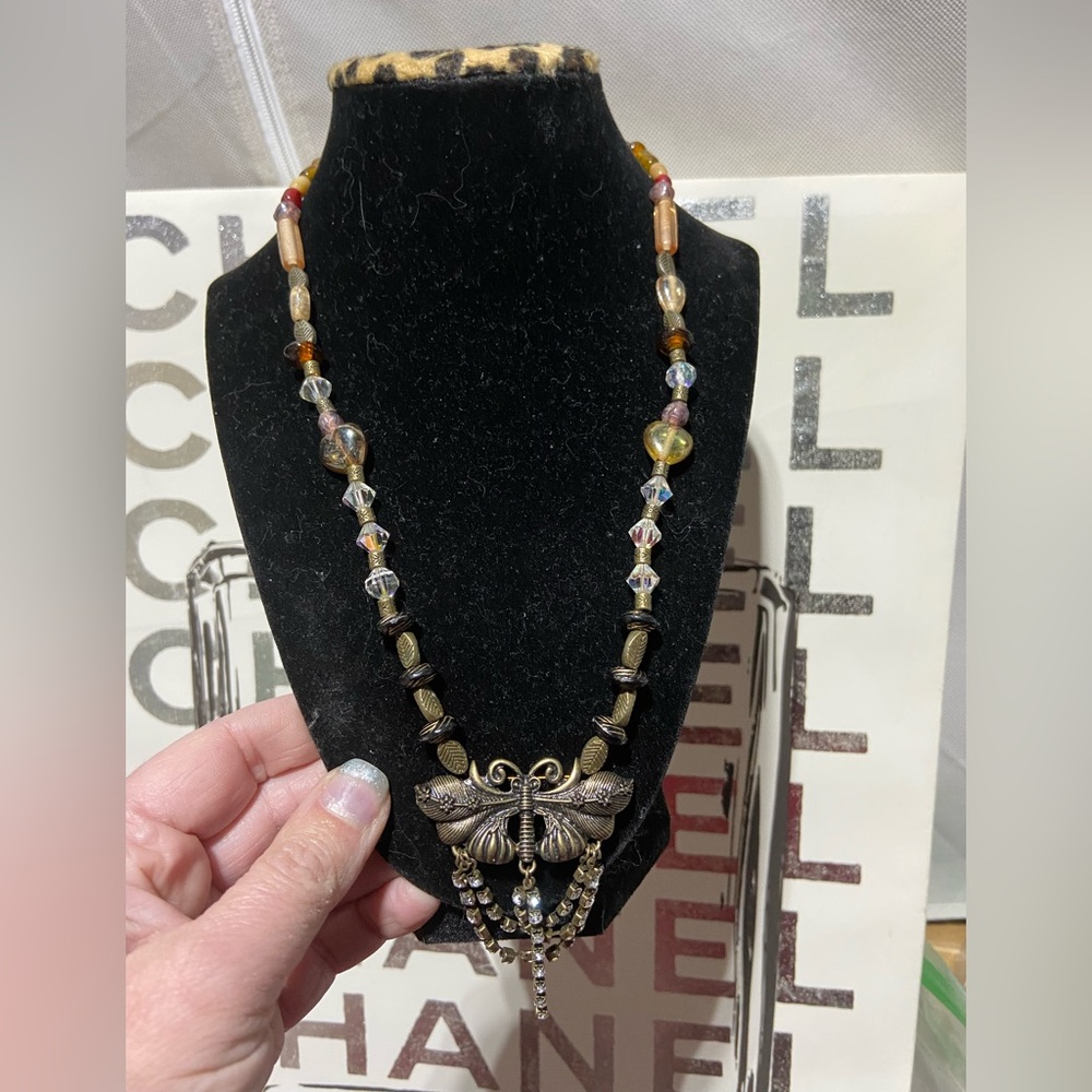 Bronze Tone Butterfly Rhinestone Necklace Beaded Boho Nature